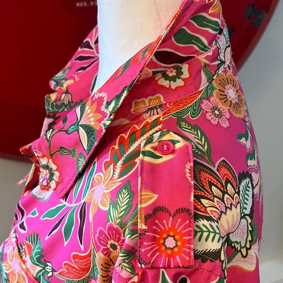 Fate Pink & Green Floral Romper Button Front Drawstring Waist w/Pockets, Size L - Picture 8 of 10